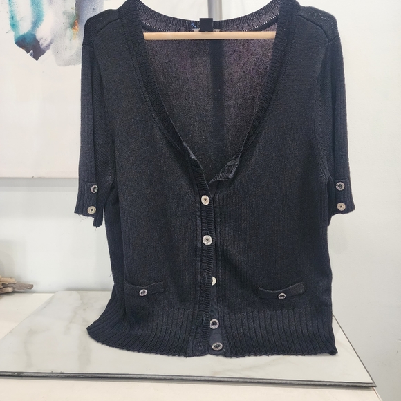 [ WHITE HOUSE BLACK MARKET] womens size XL, 1/2 sleeve black cardigan w/ silver - Picture 3 of 5
